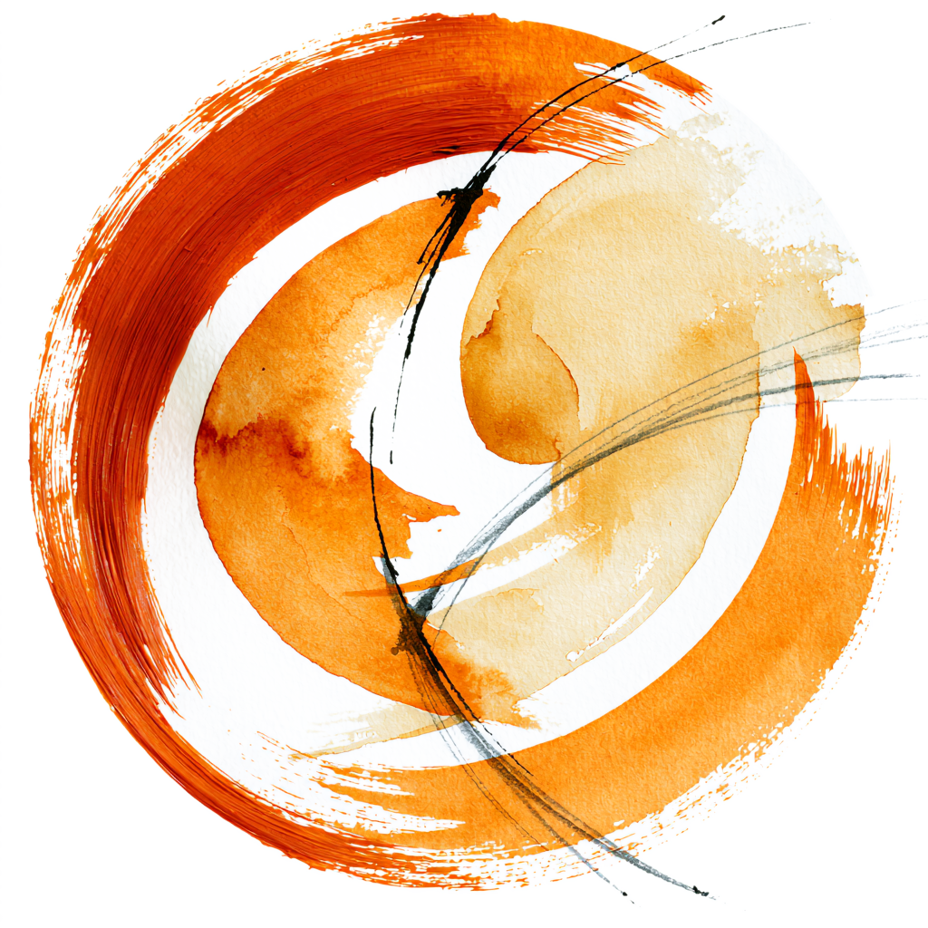 Aquarellierte Pinselzeichnung in Orange- und Beigetönen mit schwarzen Pinselstrichen – Motiv des pädagogischen Beirats