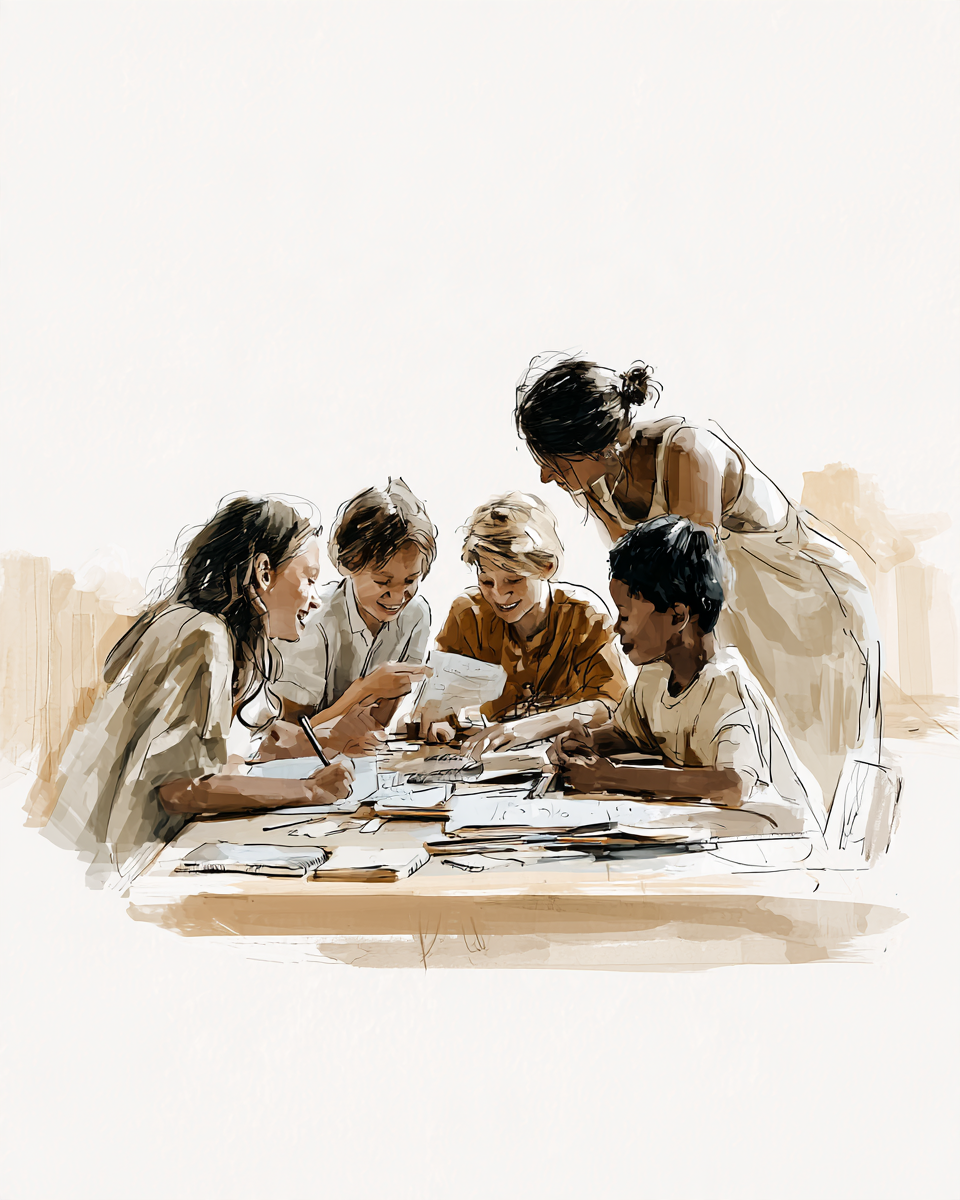 Illustration: Kinder lernen gemeinsam an einem Tisch, begleitet von einer Lernbegleiterin